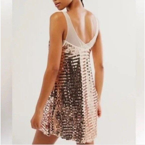 Free People NEW Disco Fever Sequin Mini Slip Dress Rose Gold Champagne Womens L - Picture 2 of 13